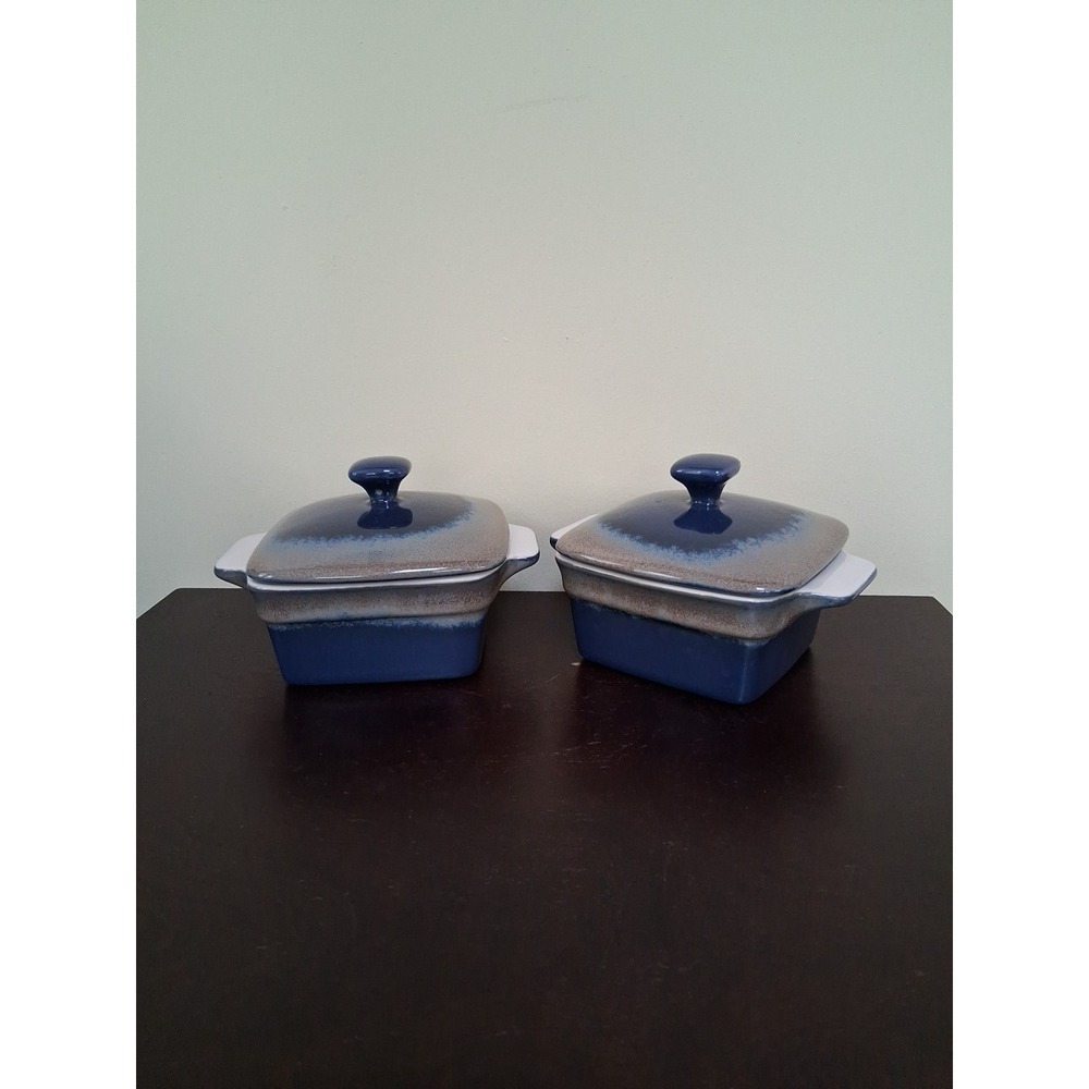 Set of 2 LOVECASA Stoneware Ramekins w/Lids Blue Gray Two-Tone